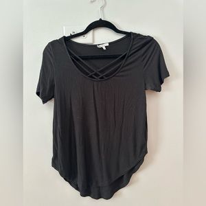 Black ribbed blouse with crossover detail